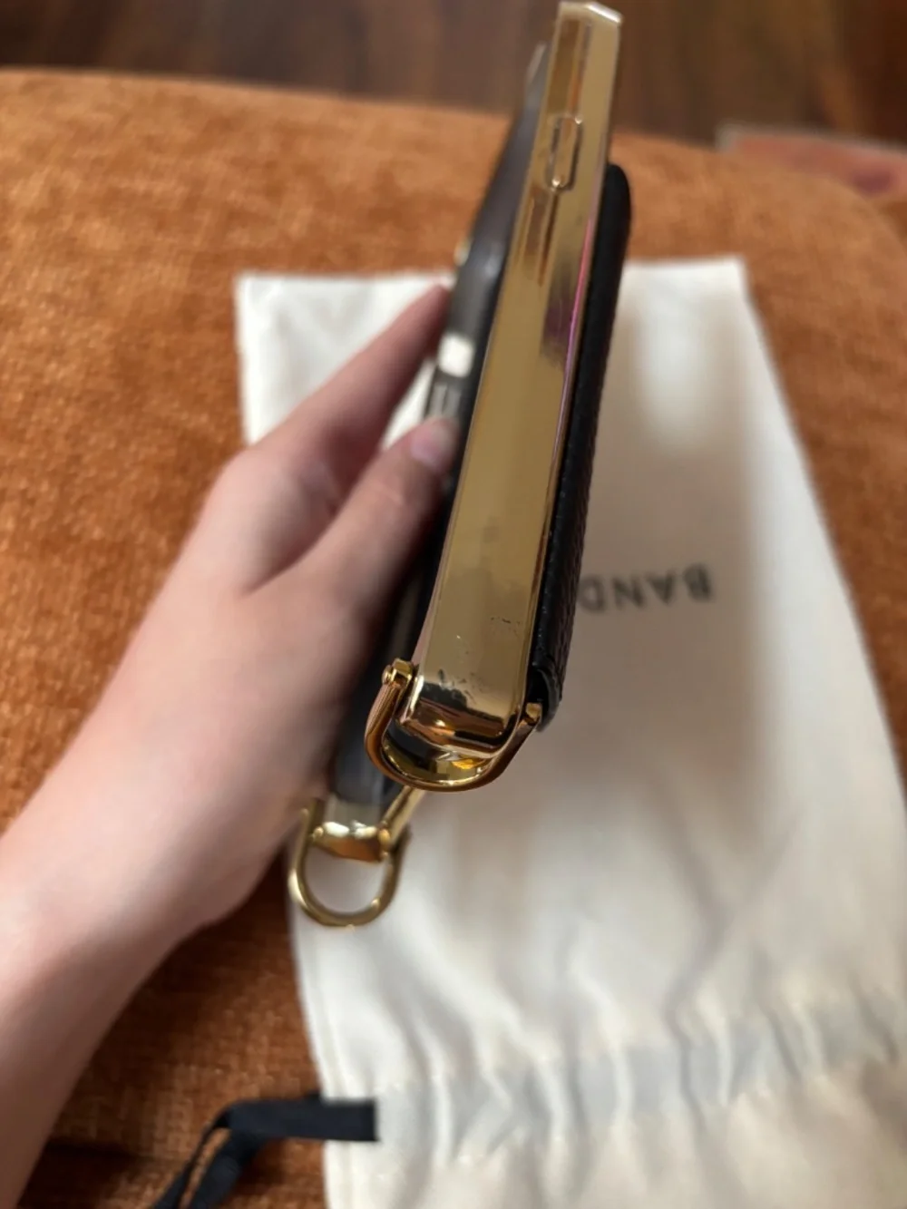 ✨LIKE NEW Bandolier Hailey Chrome Crossbody iPhone 15 case in Black Chrome/Gold